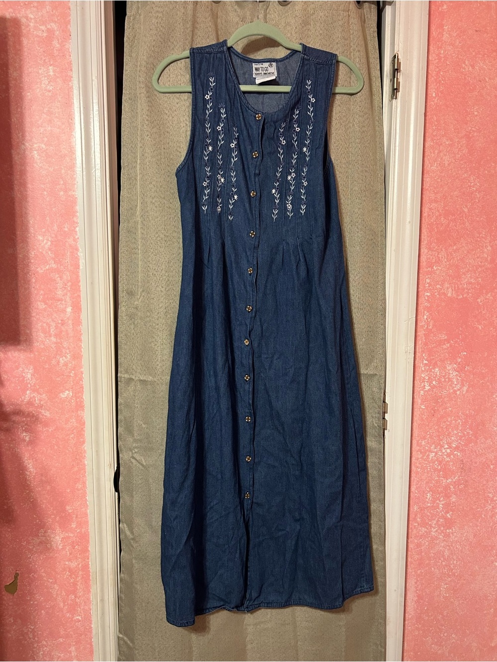Denim Button-Front Sleeveless Maxi Dress with Embroidery